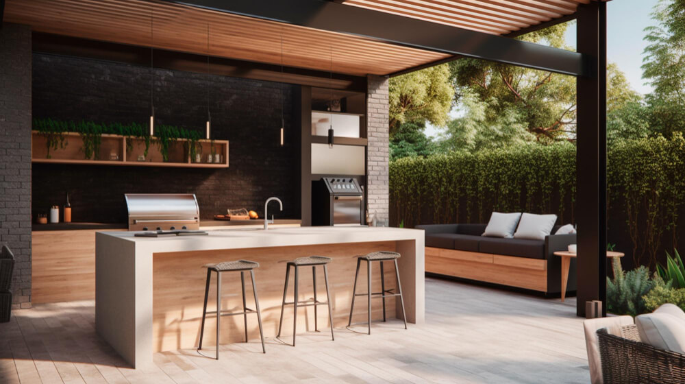 Covered outdoor kitchen and dining counter with timber finishes