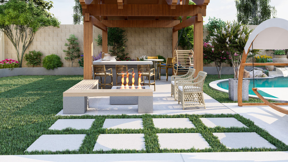 Outdoor dining pavilion with lawn, pavers and a pool to the side